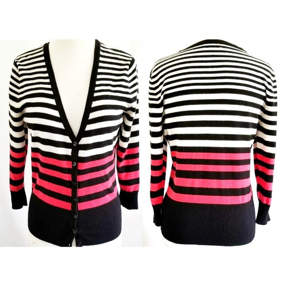 Maurices Women’s White Red Black Striped 3/4 Sleeve Cardigan Sweater Size Medium - Picture 1 of 8